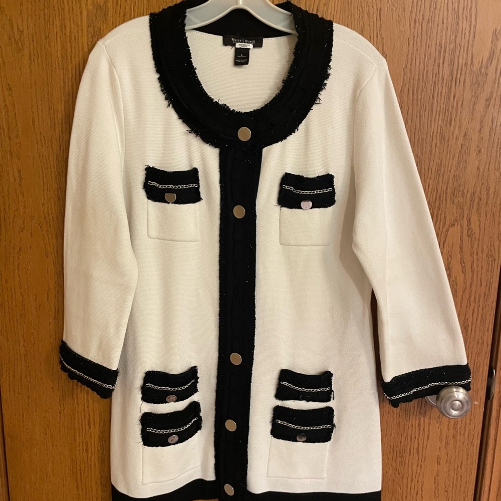 WHBM (Chanel copycat) Black and White Women's long sweater Blazer
